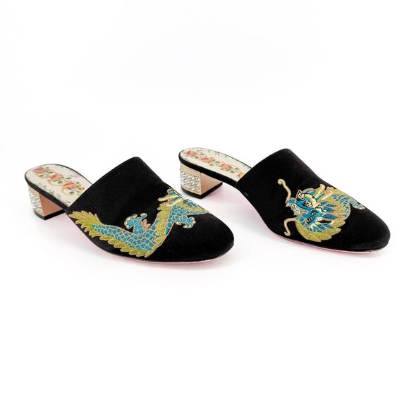 Gucci Dragon Embroidered Candy Mules EU 37 US 7 Black Satin Crystal Block Heel - Picture 1 of 15